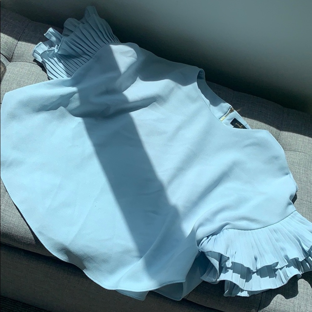 Light Blue Top Ruffled Pleated Short Sleeves